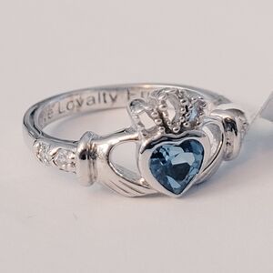 925 Blue Cz Birthstone Claddagh Shan Ore Irish Ring Size 6 UK-L